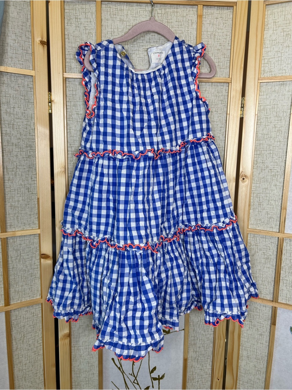 Crewcuts Blue Gingham Tiered Dress with Pink Trim